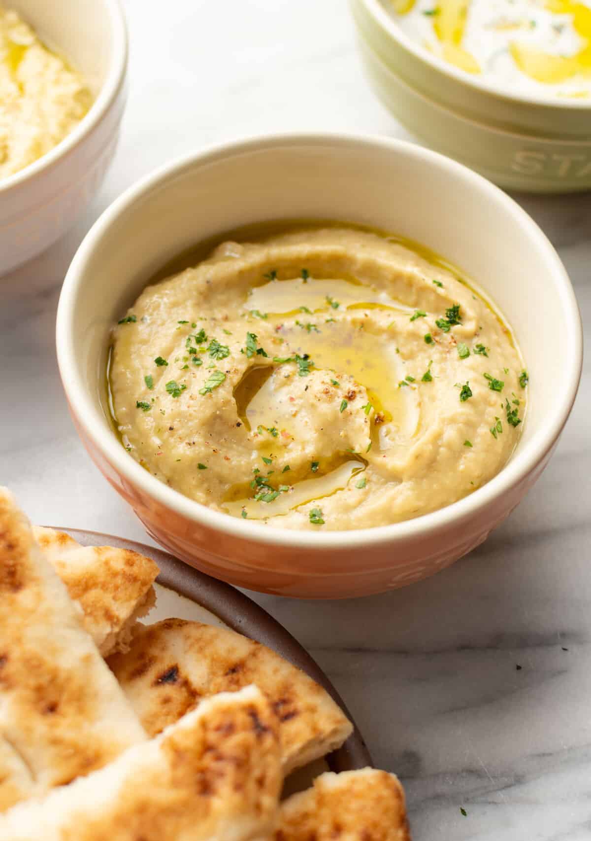 a bowl of greek melitzanosalata dip with pita bread