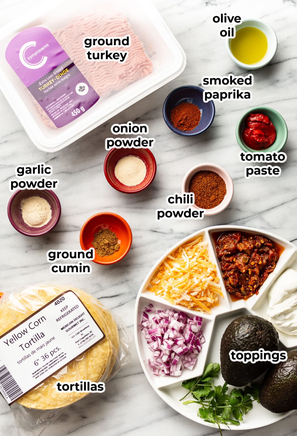 ingredients for ground turkey tacos in prep bowls