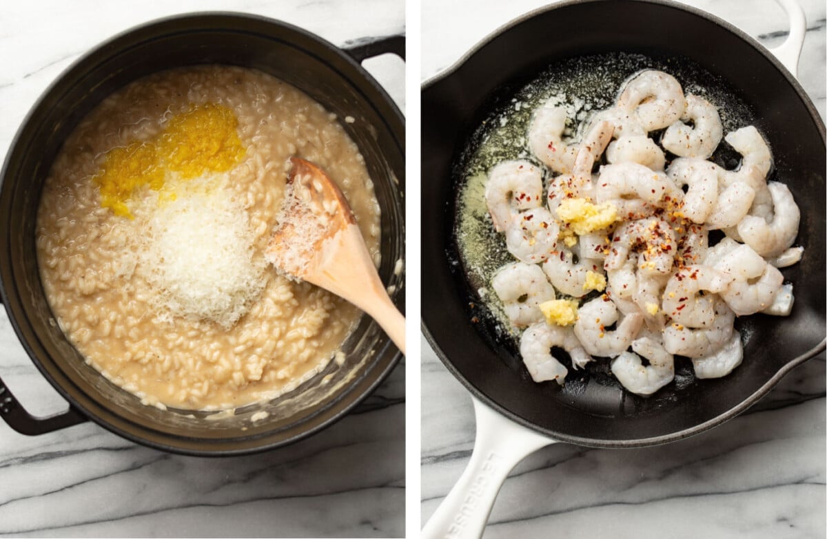 stirring parmesan into a pot of lemon risotto and sauteing shrimp in a skillet