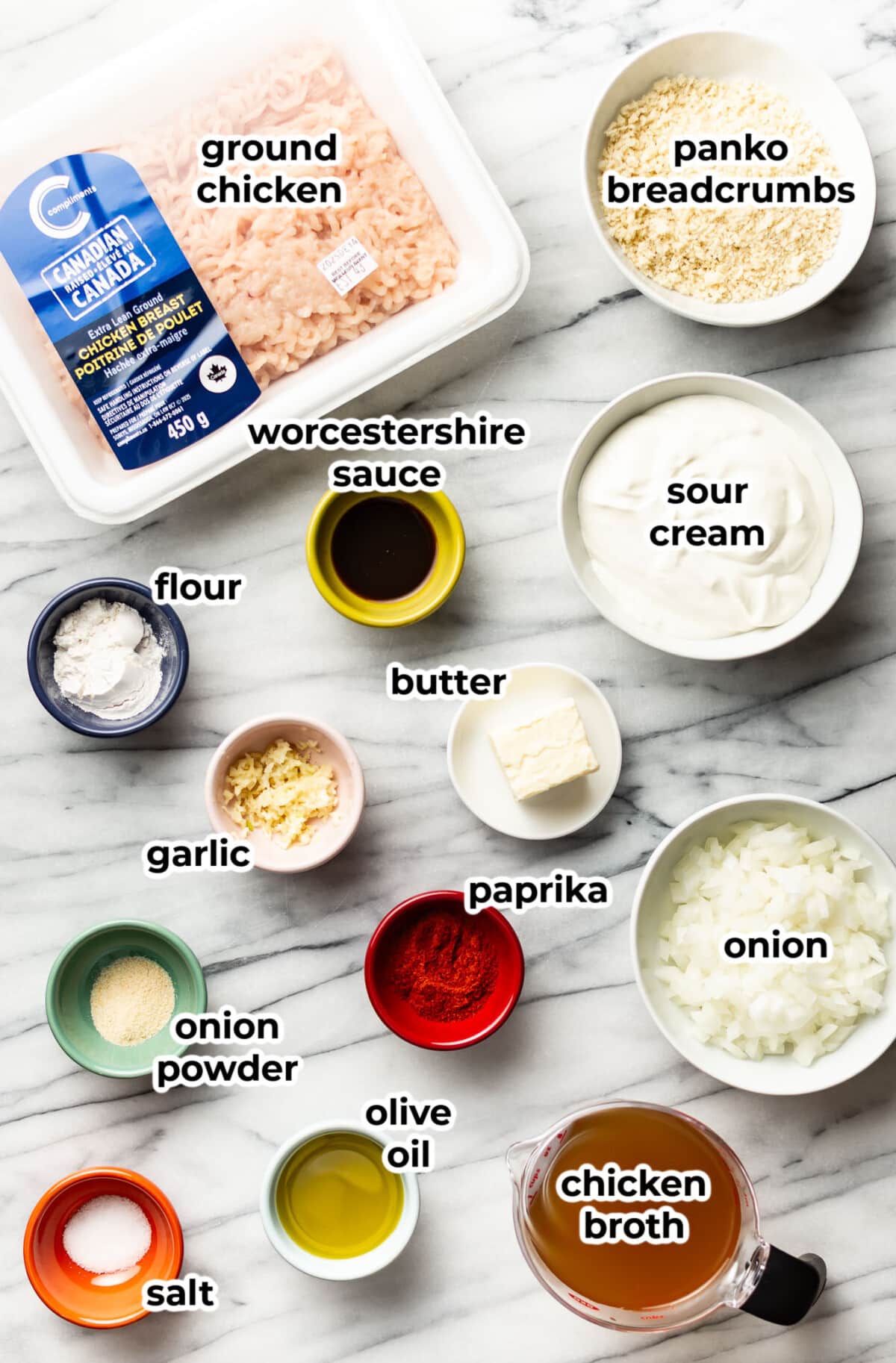 ingredients for paprika chicken meatballs in prep bowls