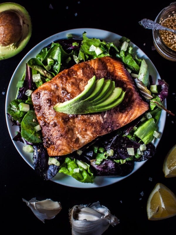 This salmon salad with a toasted sesame seed dressing is light, healthy, and full of flavor.