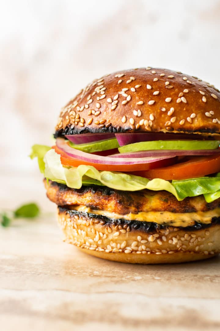 grilled ground chicken burger loaded with toppings