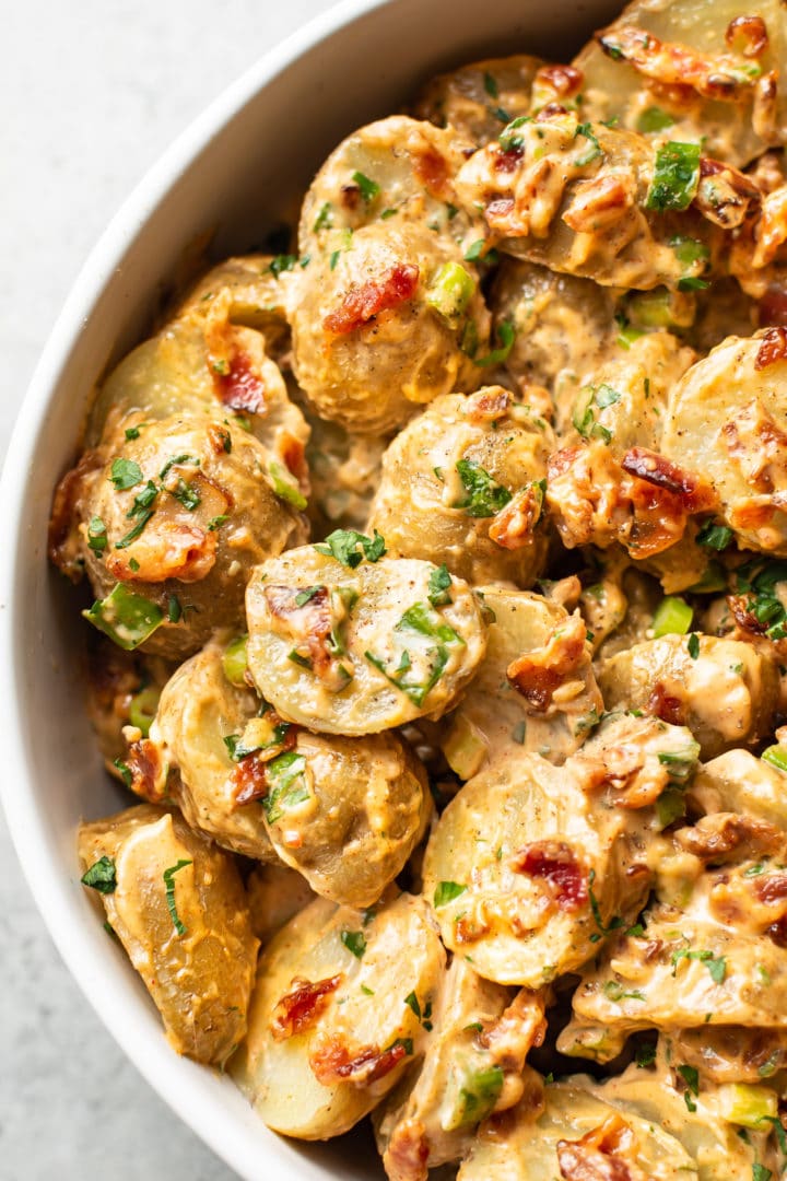 potato salad with bacon close-up