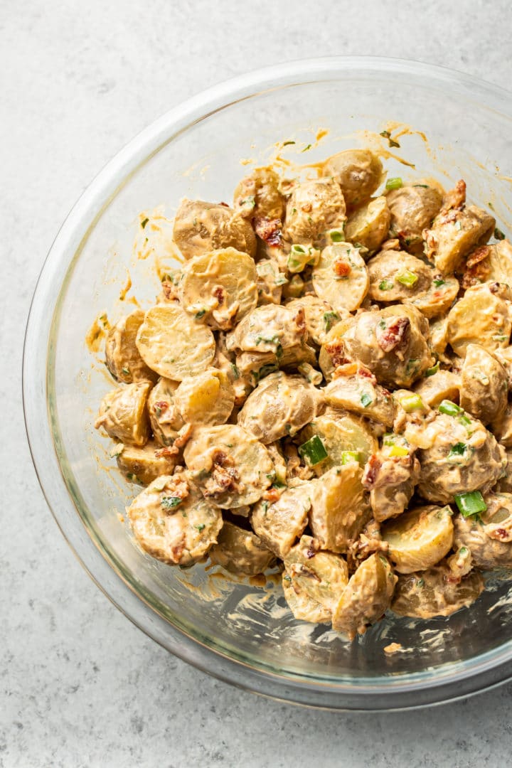 potato salad with bacon in a glass prep bowl