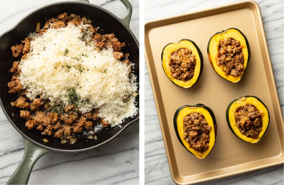 making sausage mixture in a skillet and stuffing it into acorn squash