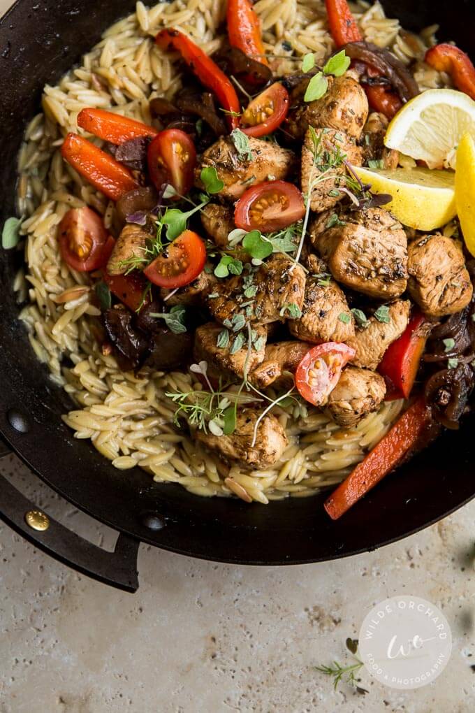 skillet with Greek chicken and orzo