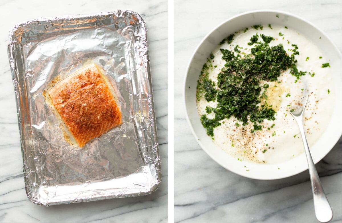 a salmon filet on a baking sheet and making homemade taco sauce in a prep bowl