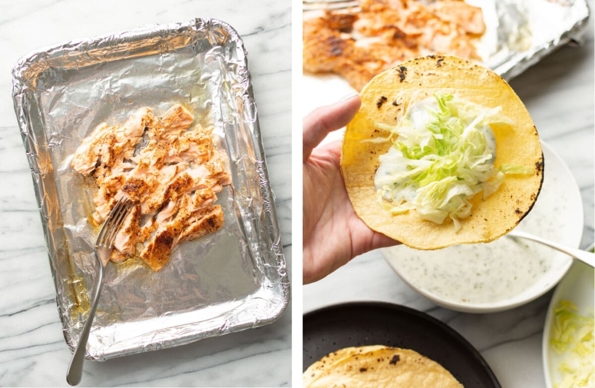 flaking salmon with a fork on a baking sheet and assembling tacos