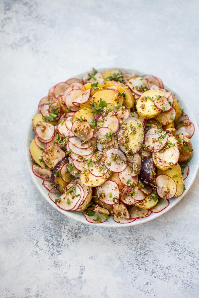 healthy grainy mustard potato salad in a bowl