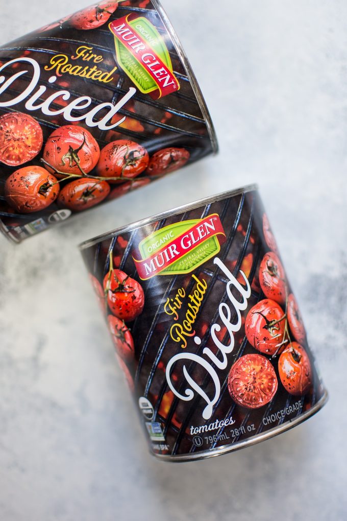 cans of Muir Glen fire roasted diced tomatoes