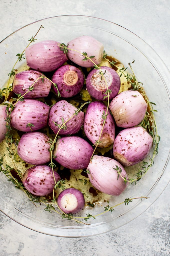 process shot of shallots ready for the oven