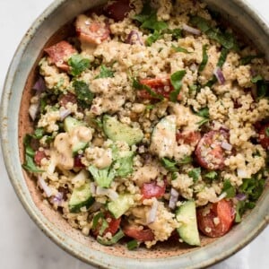 This healthy cold Thai quinoa salad makes a delicious light lunch. You will love the peanut lime dressing! A great simple vegan/vegetarian salad for meal prep!