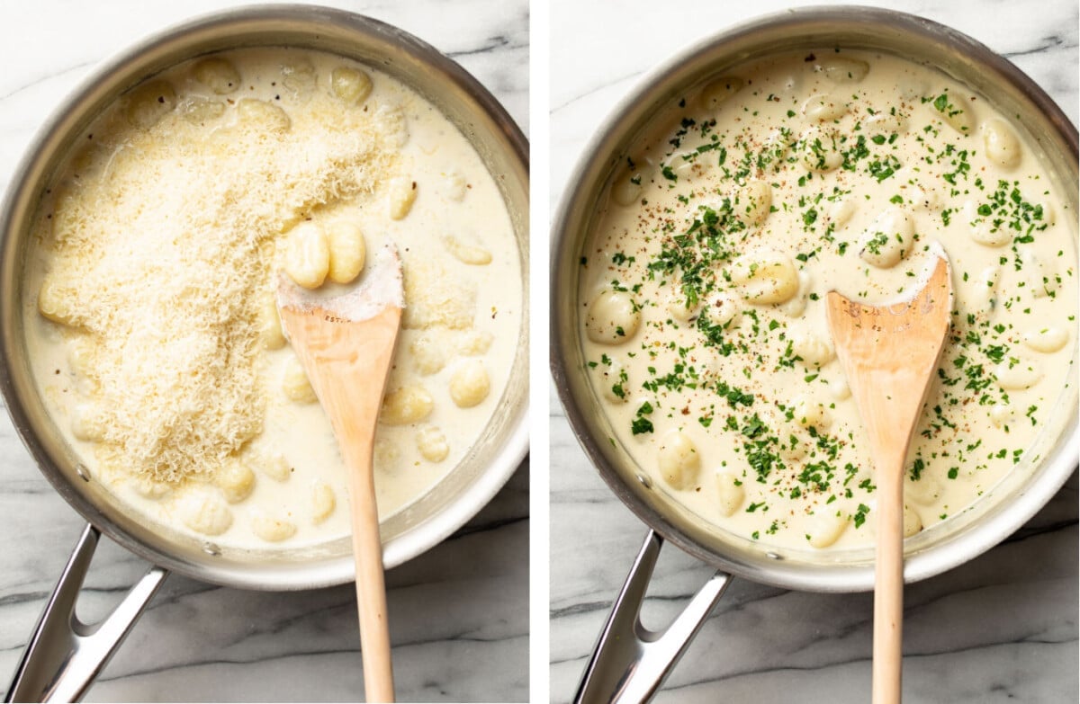 stirring parmesan and parsley into a skillet with alfredo gnocchi