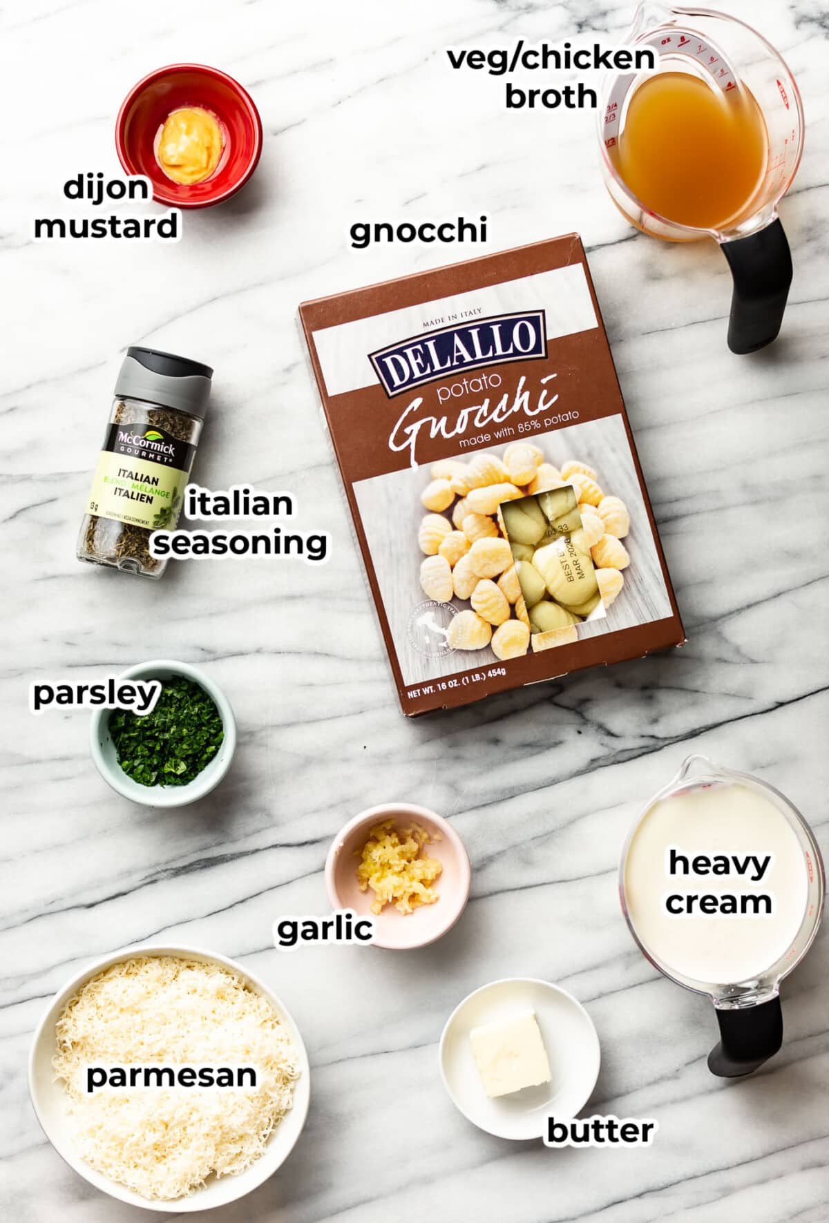 ingredients for alfredo gnocchi in prep bowls