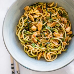 These low-carb Kung Pao zoodles are a healthy stir fry recipe that's ready in 15 minutes. You will love how the spicy sauce coats the zucchini noodles and peanuts in amazing flavor.