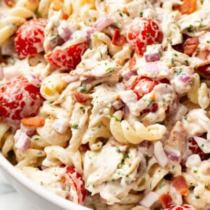 a bowl of chicken ranch pasta salad