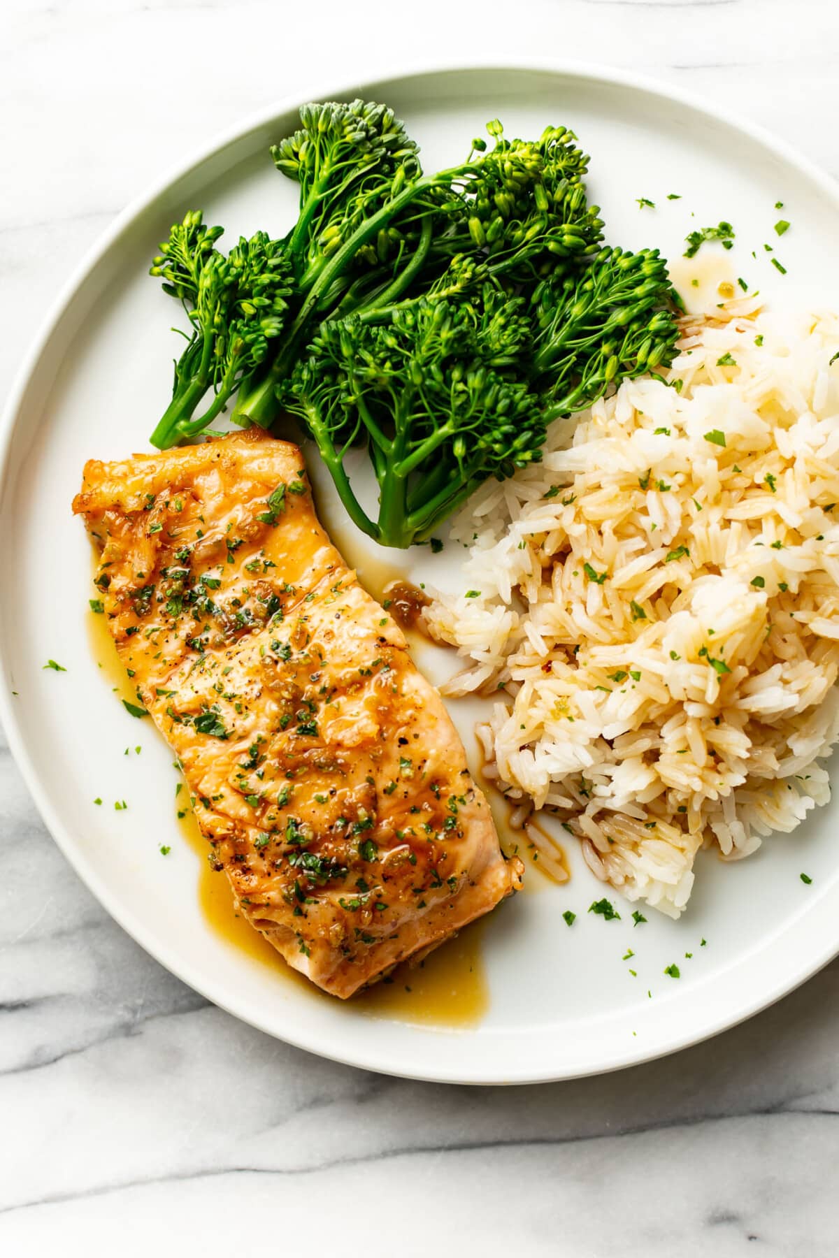 a plate with honey garlic salmon, rice, and broccolini