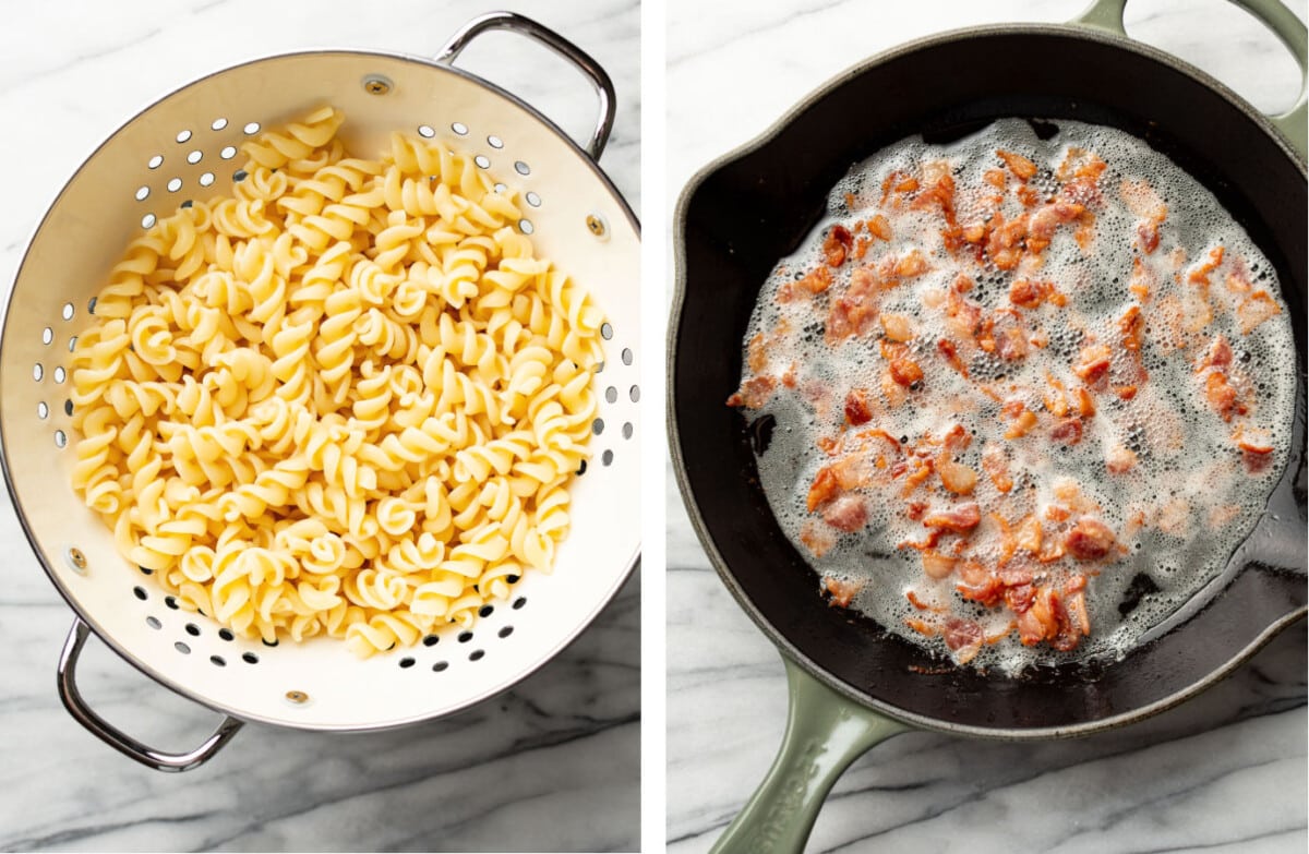 draining pasta in a colander and frying bacon in a skillet