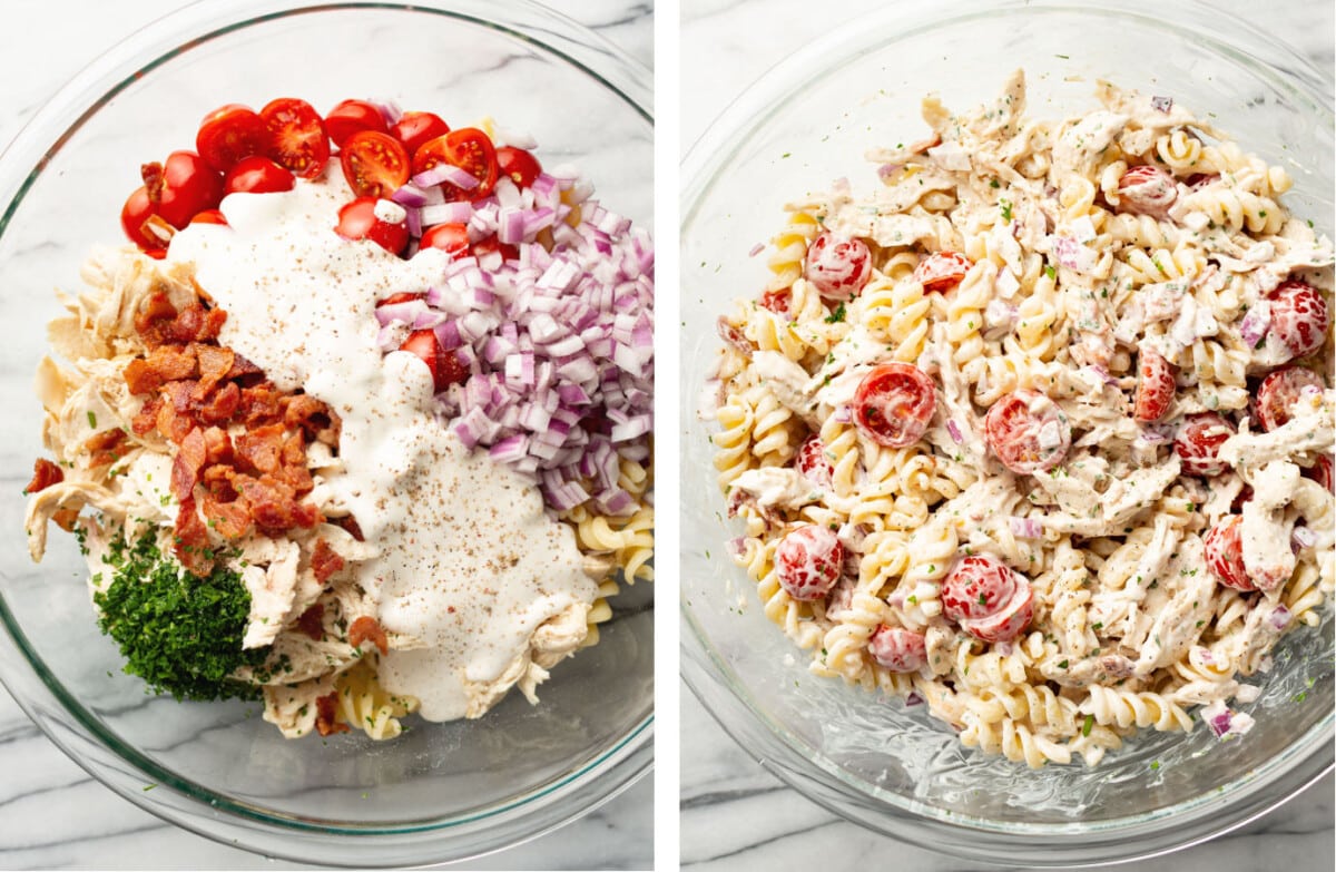 a bowl of chicken ranch pasta salad before and after tossing with dressing