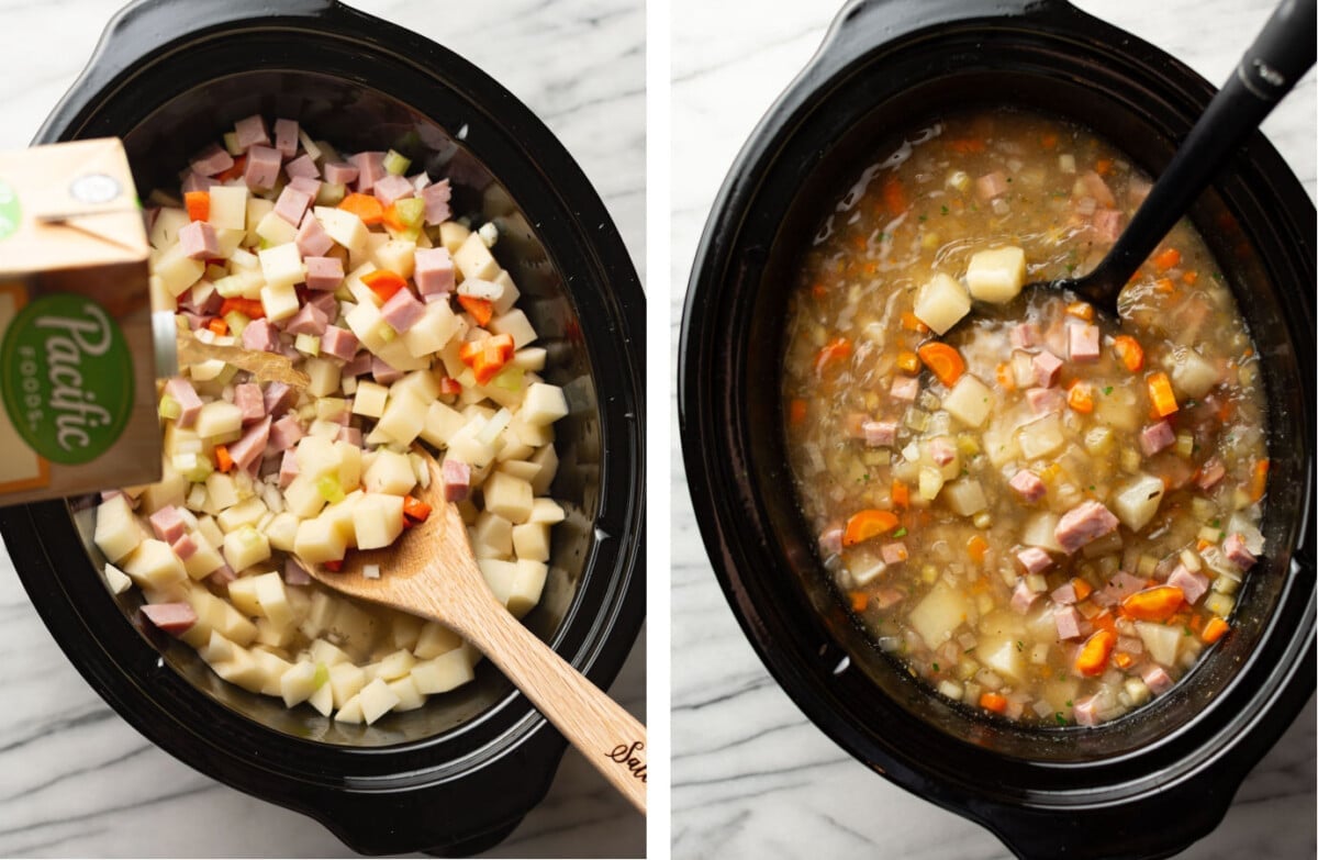 a slow cooker with ham and potato soup before and after cooking