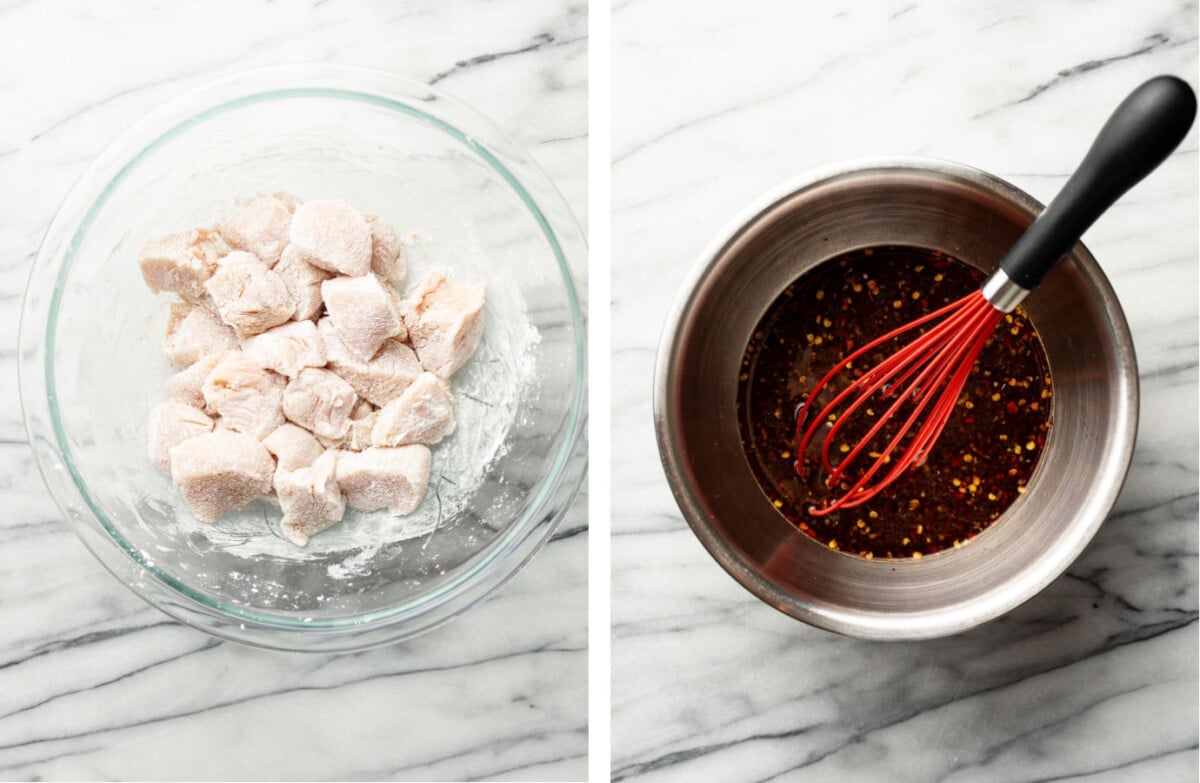 tossing chicken bites with cornstarch and whisking mongolian chicken sauce in a prep bowl