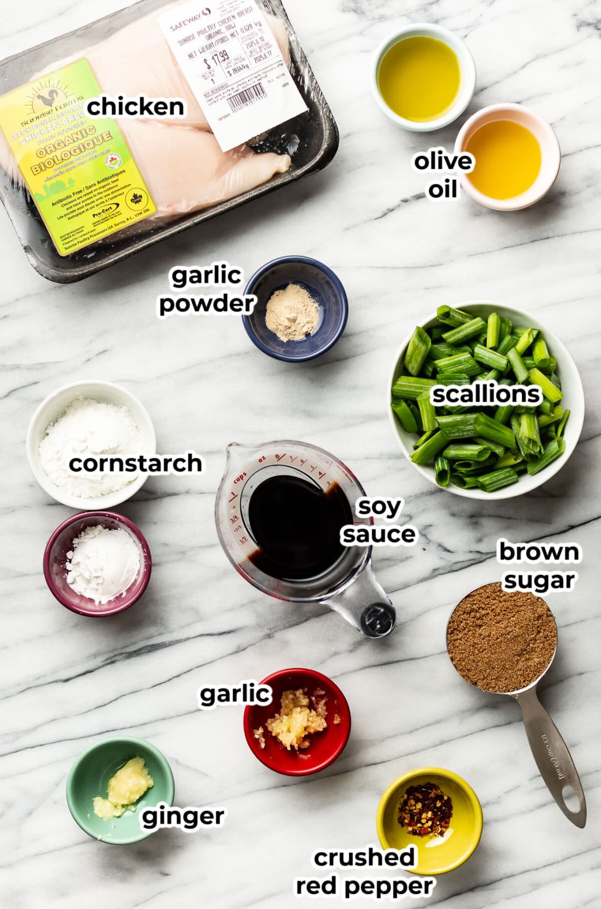 ingredients for mongolian chicken in prep bowls