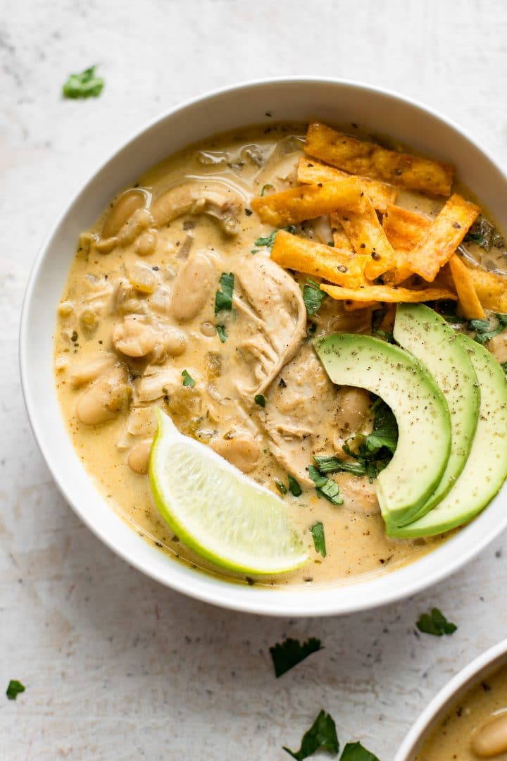 a bowl of instant pot white chicken chili