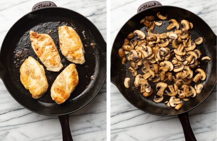 sauteing chicken and mushrooms in a cast iron skillet
