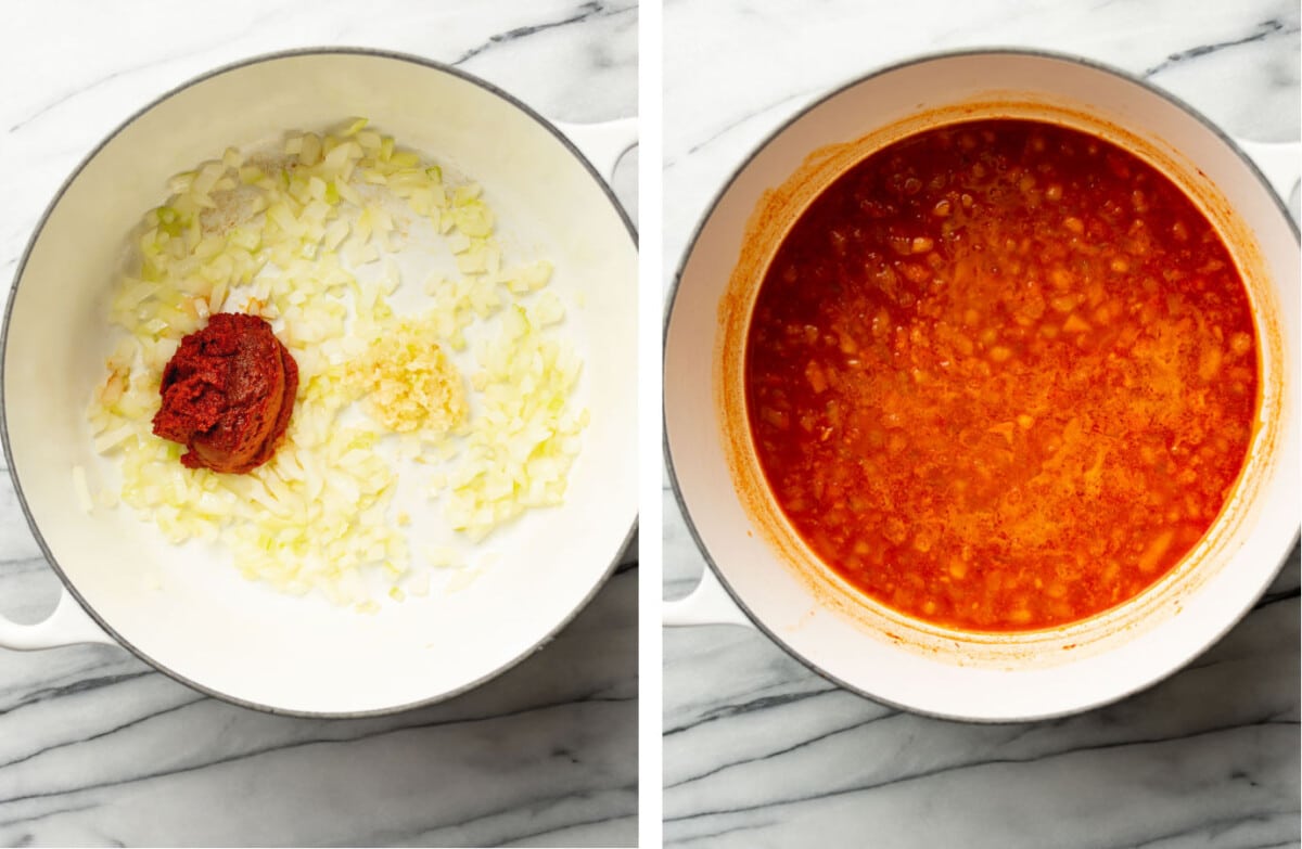 sauteing onion and garlic in a pot and adding red curry paste and broth