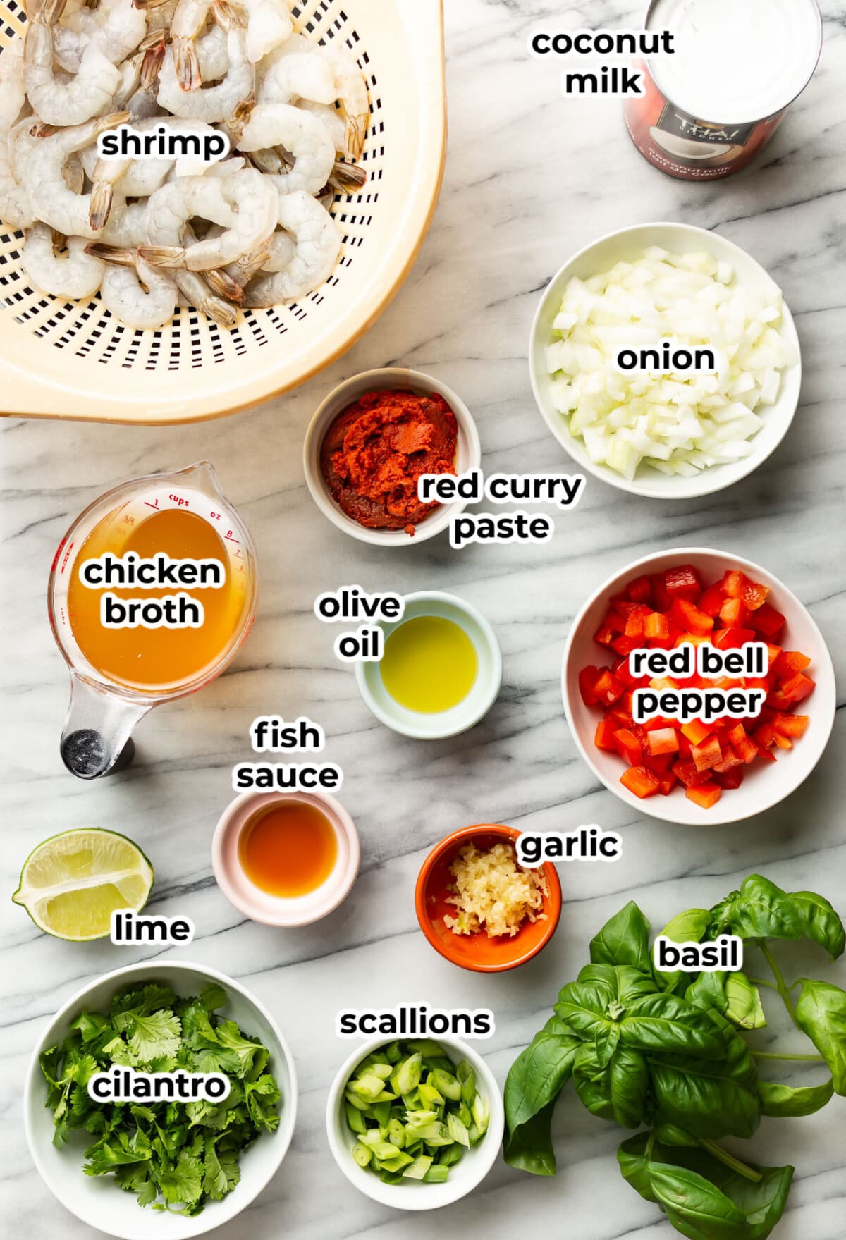 ingredients for thai shrimp curry in prep bowls