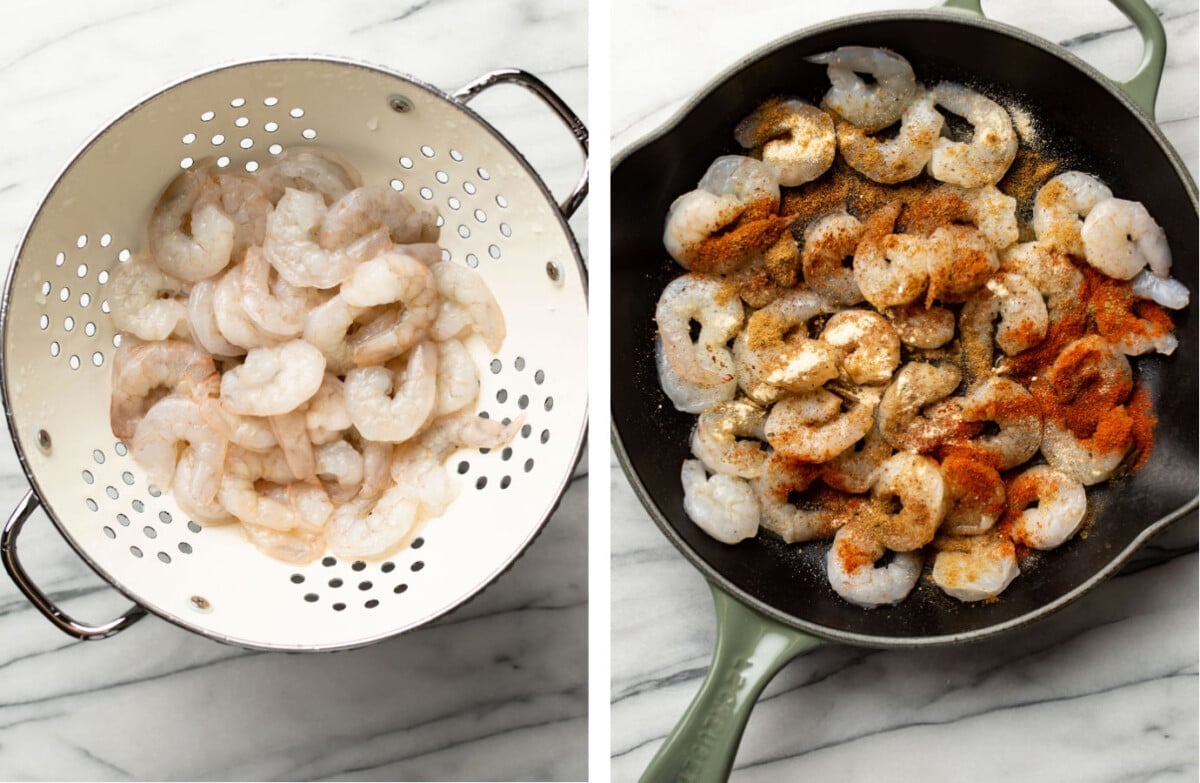 thawing shrimp in a colander and pan frying in a skillet with taco seasoning