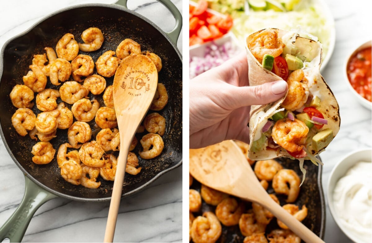 pan frying shrimp in a skillet with seasoning and assembling shrimp tacos