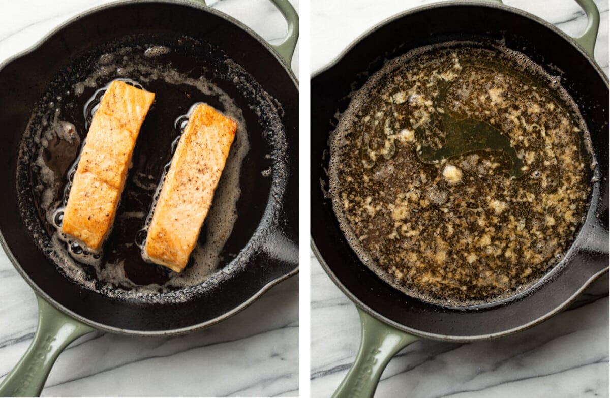 pan searing salmon in a skillet and making garlic butter sauce