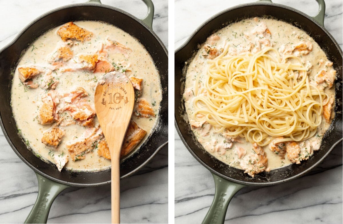 tossing salmon with pasta and creamy dill sauce in a skillet