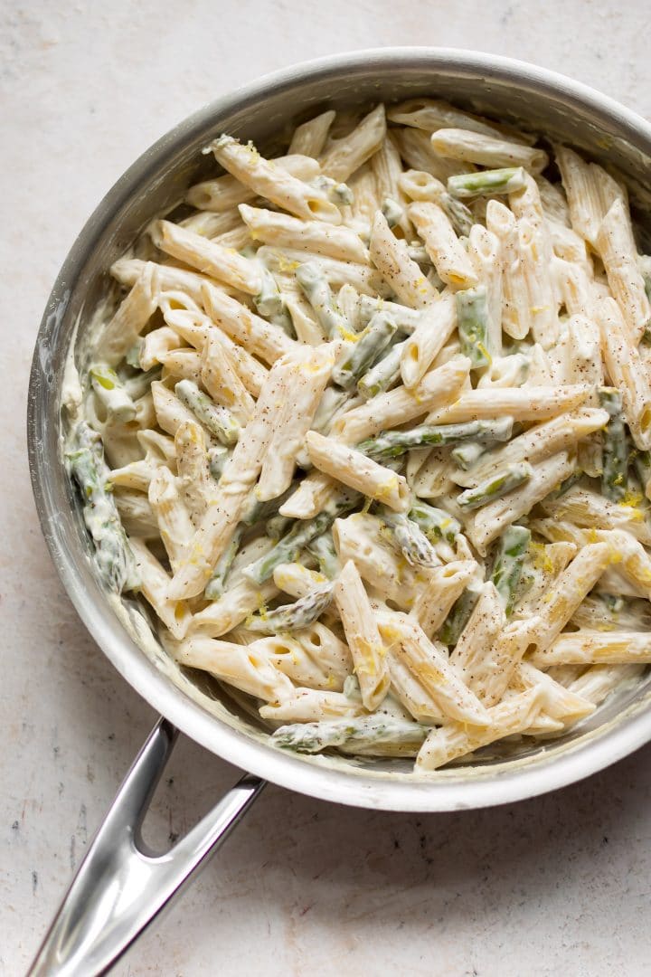 lemon asparagus pasta in a skillet