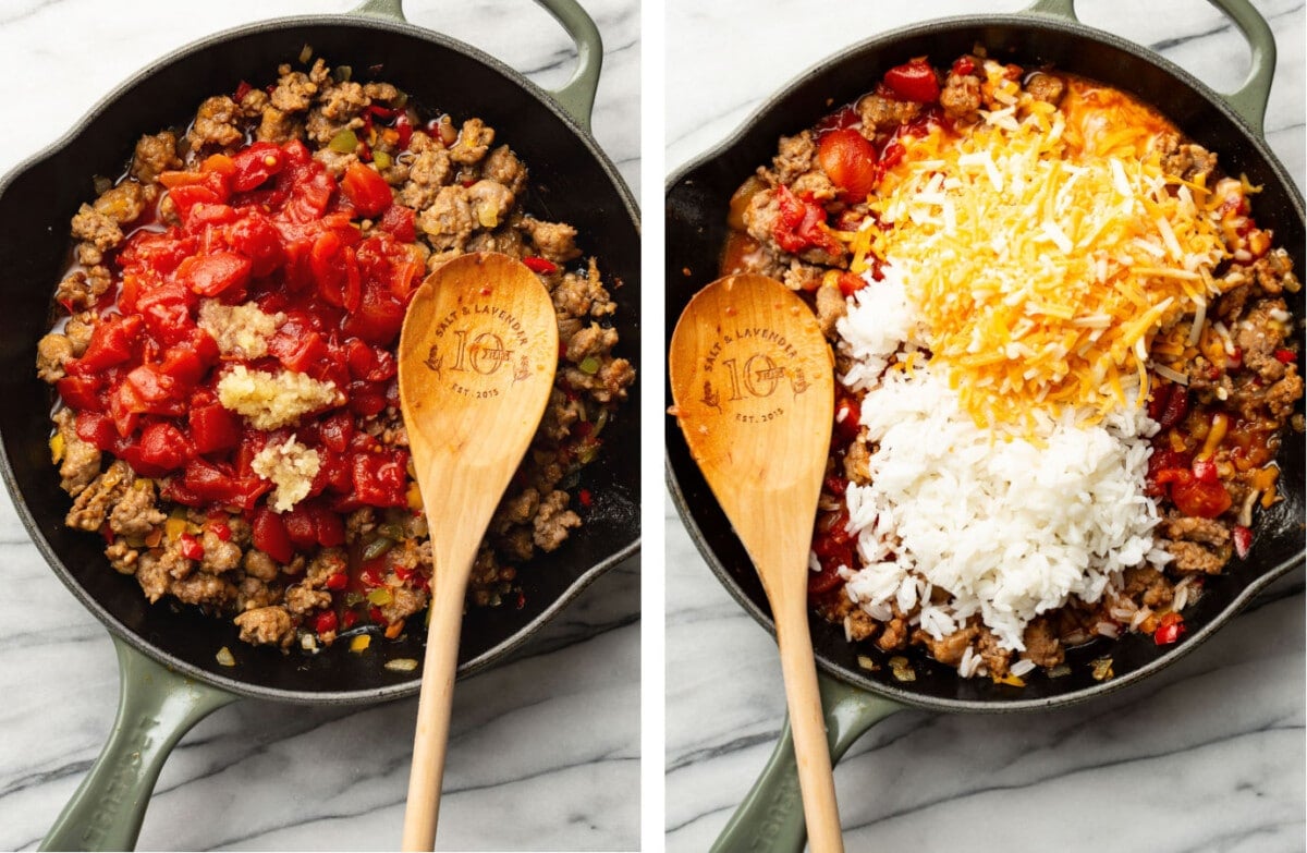 making cheesy italian sausage mixture in a skillet for stuffed peppers