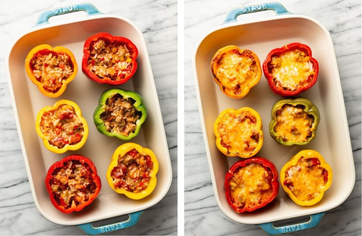 sausage stuffed peppers before and after baking