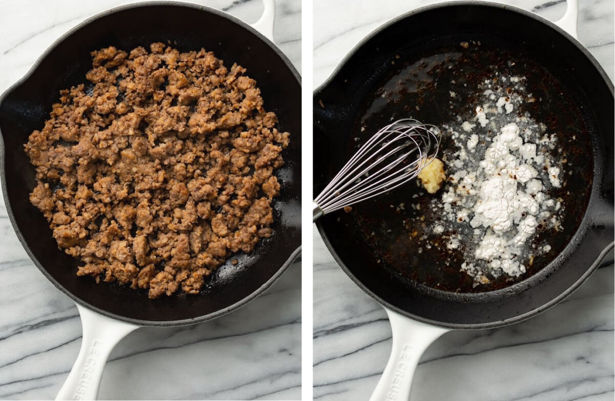 browning sausage meat in a skillet and whisking in garlic and flour and broth