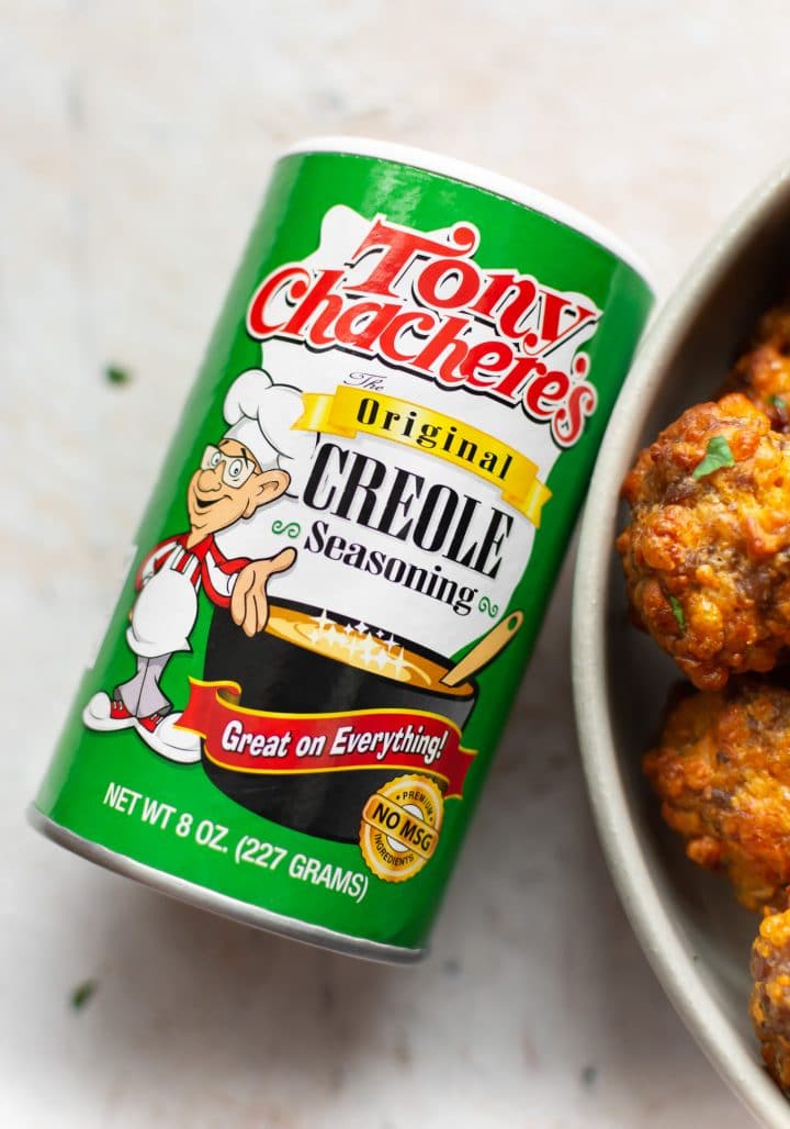 close-up of sausage balls and Tony's Famous Creole Seasoning