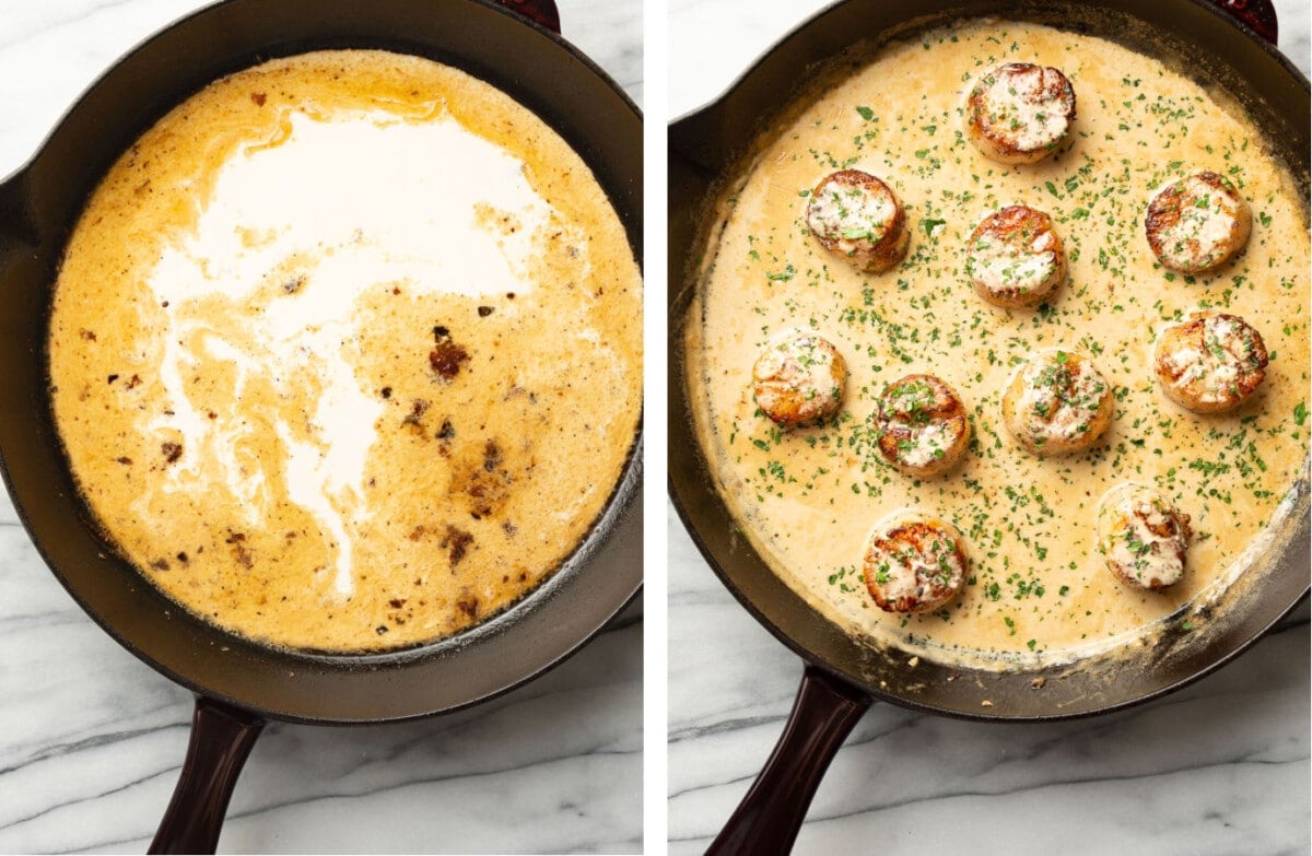stirring cream into a sauce and adding scallops to the skillet