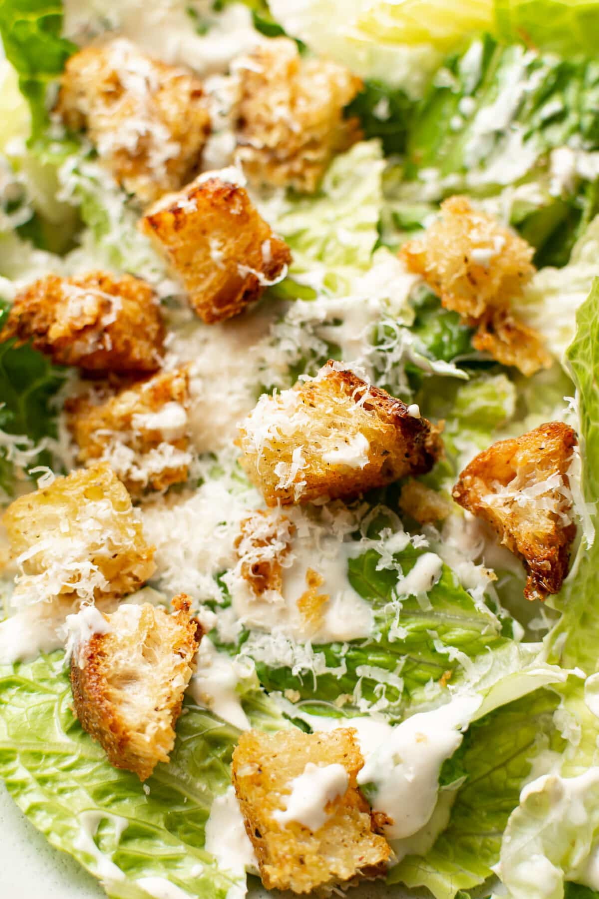 closeup of croutons on a caesar salad
