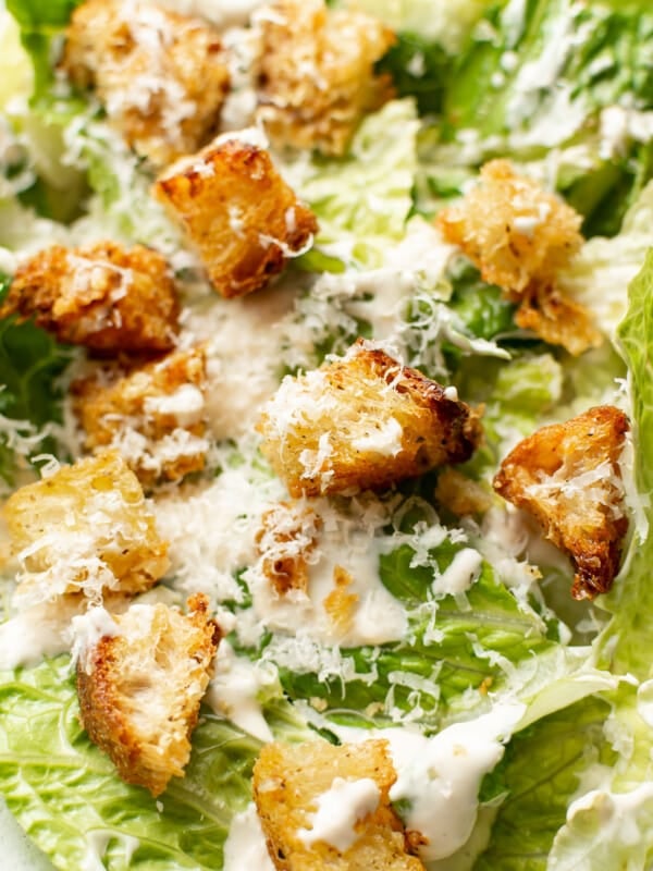 closeup of croutons on a caesar salad