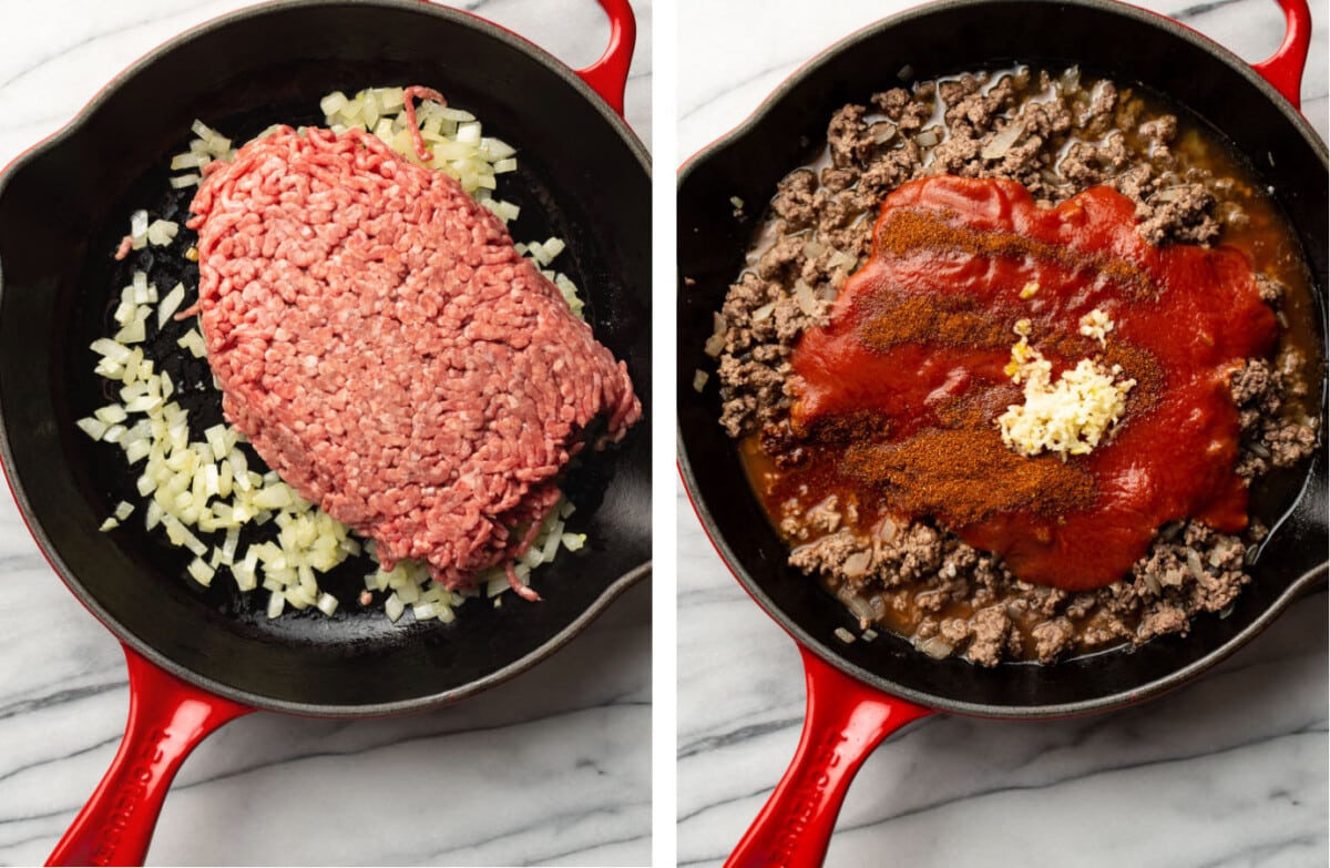 sauteing ground beef and onions in a skillet and adding tomato sauce and seasonings