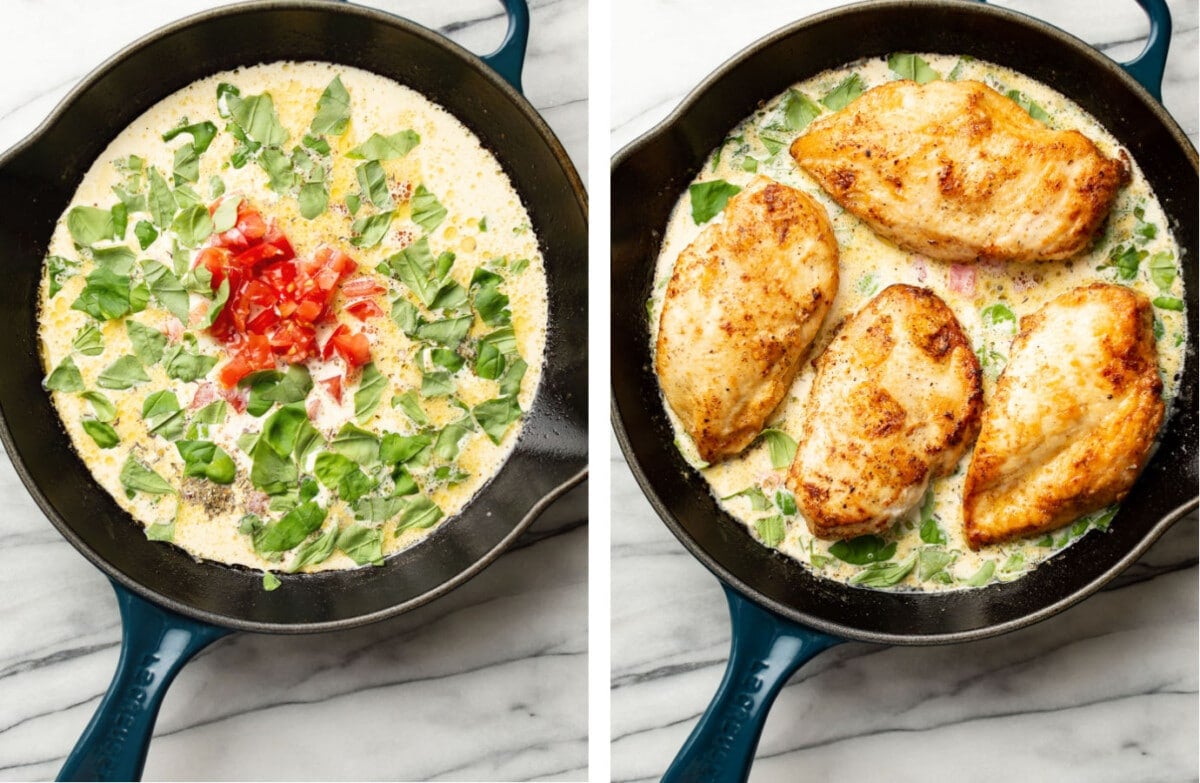 making sauce for creamy tomato basil chicken in a skillet and adding chicken cutlets