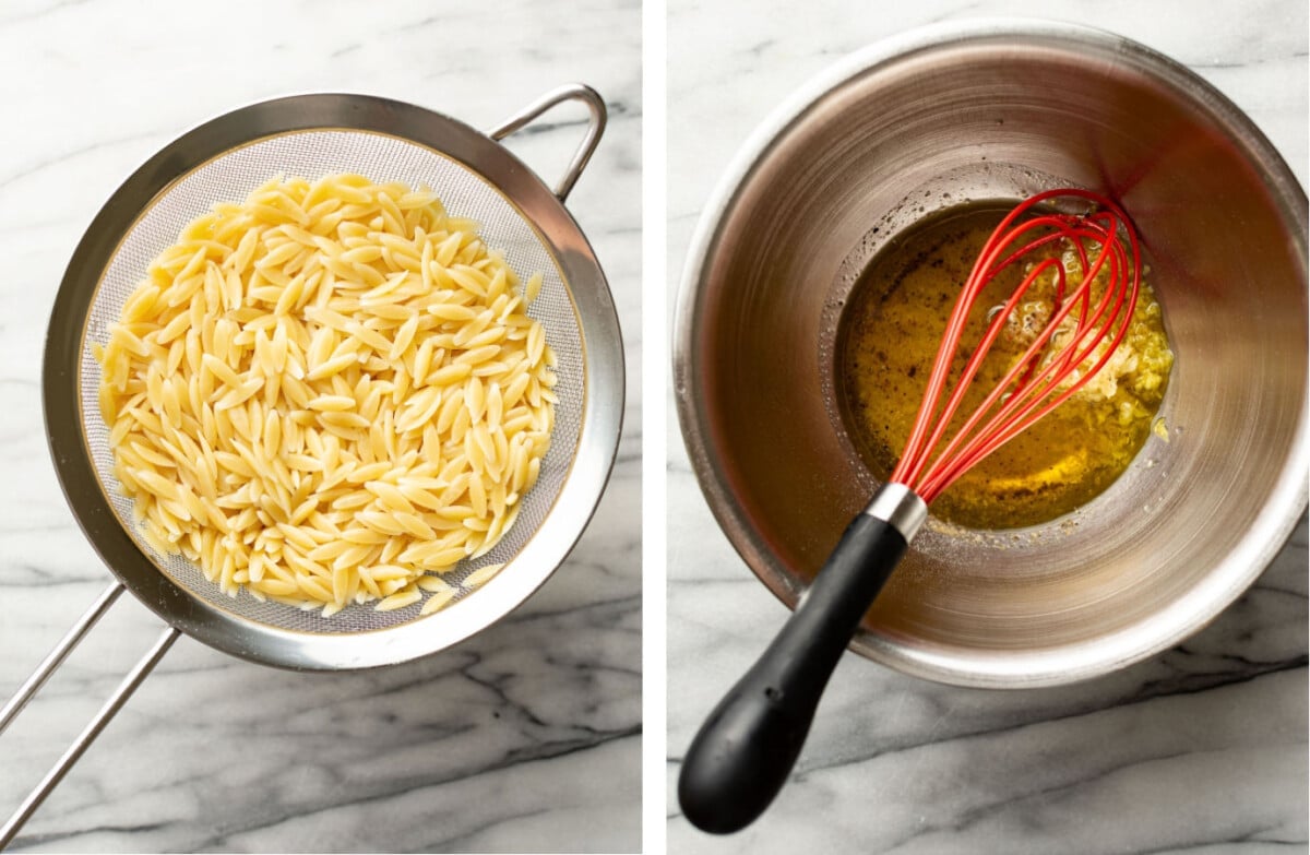draining orzo in a sink and whisking lemon honey salad dressing in a prep bowl