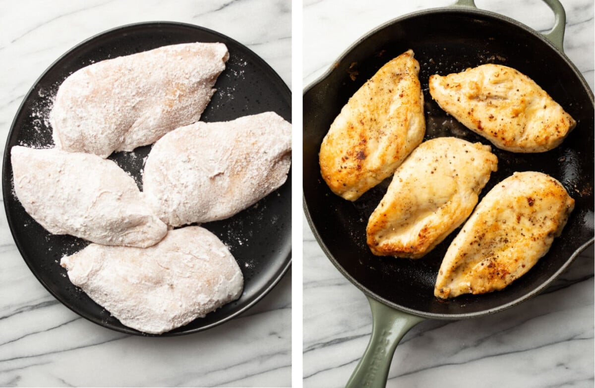 dredging chicken in flour and pan searing it in a skillet