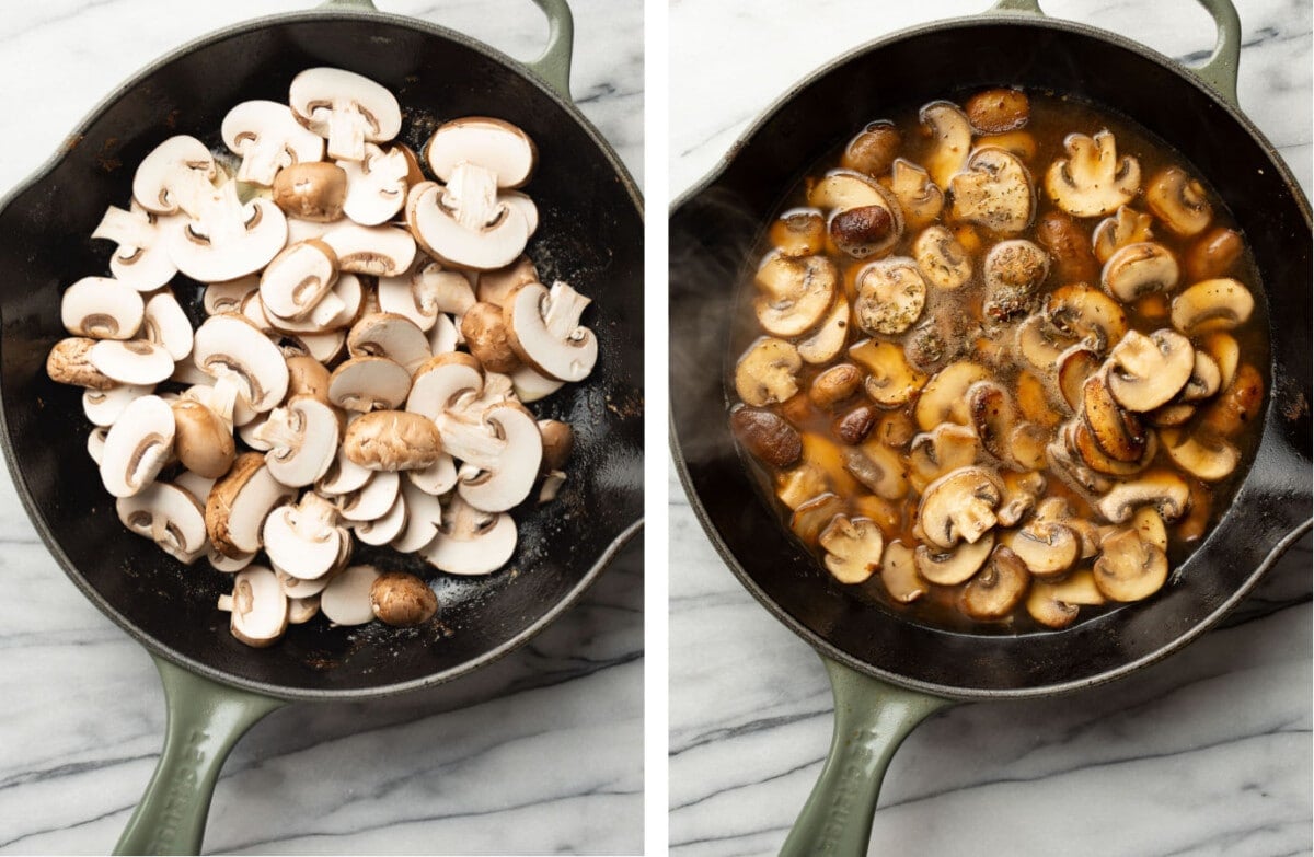 sauteing mushrooms in a skillet
