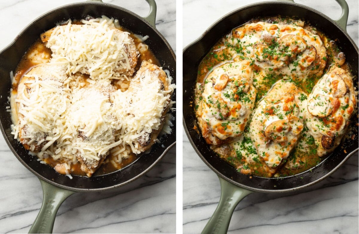 a skillet with mozzarella mushroom white wine chicken before and after cooking in the oven