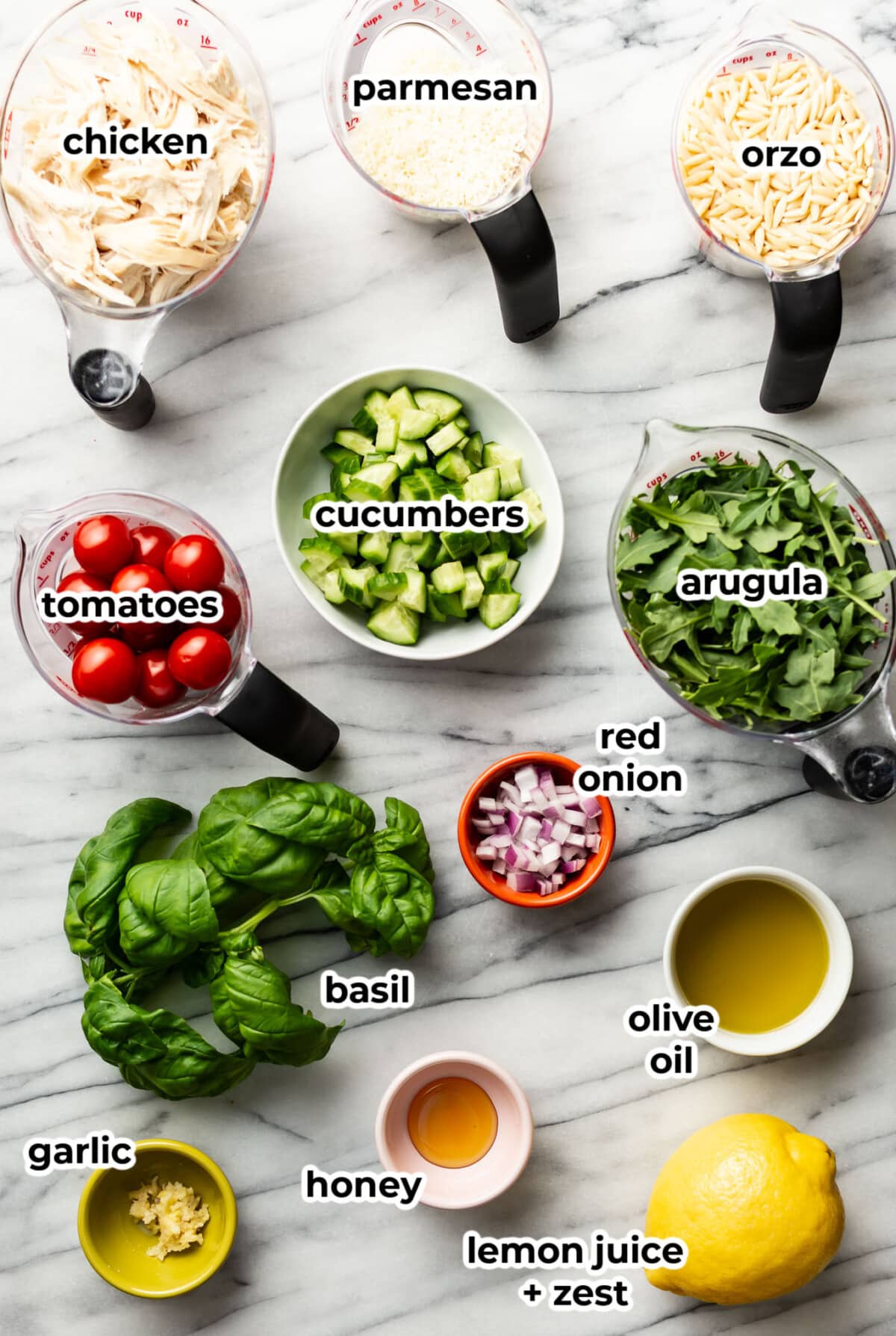 ingredients for lemon orzo salad in prep bowls