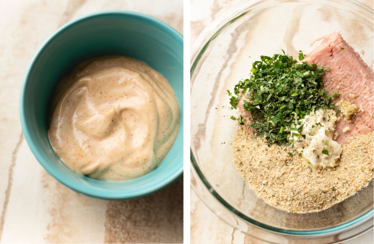 a bowl of burger sauce next to a prep bowl with ground chicken burger ingredients